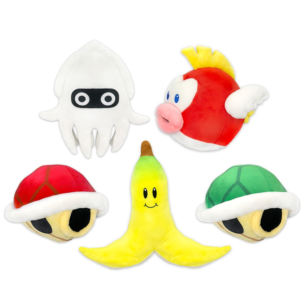 Mario enemies assortment of plush characters. Featuring Blooper, Banana, Green Shell, Red Shell and Cheep Cheep