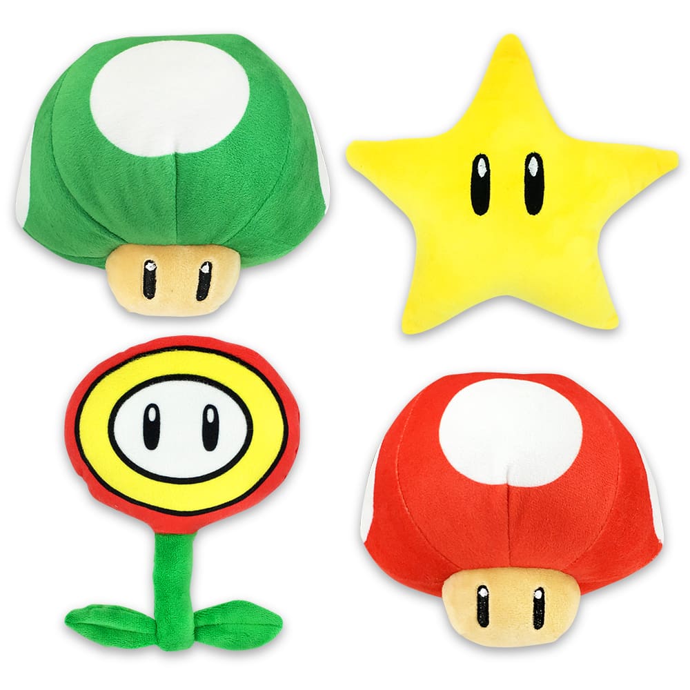 Super Mario Power-ups Plush. Star, Green mushroom, Red Mushroom and Fire Flower