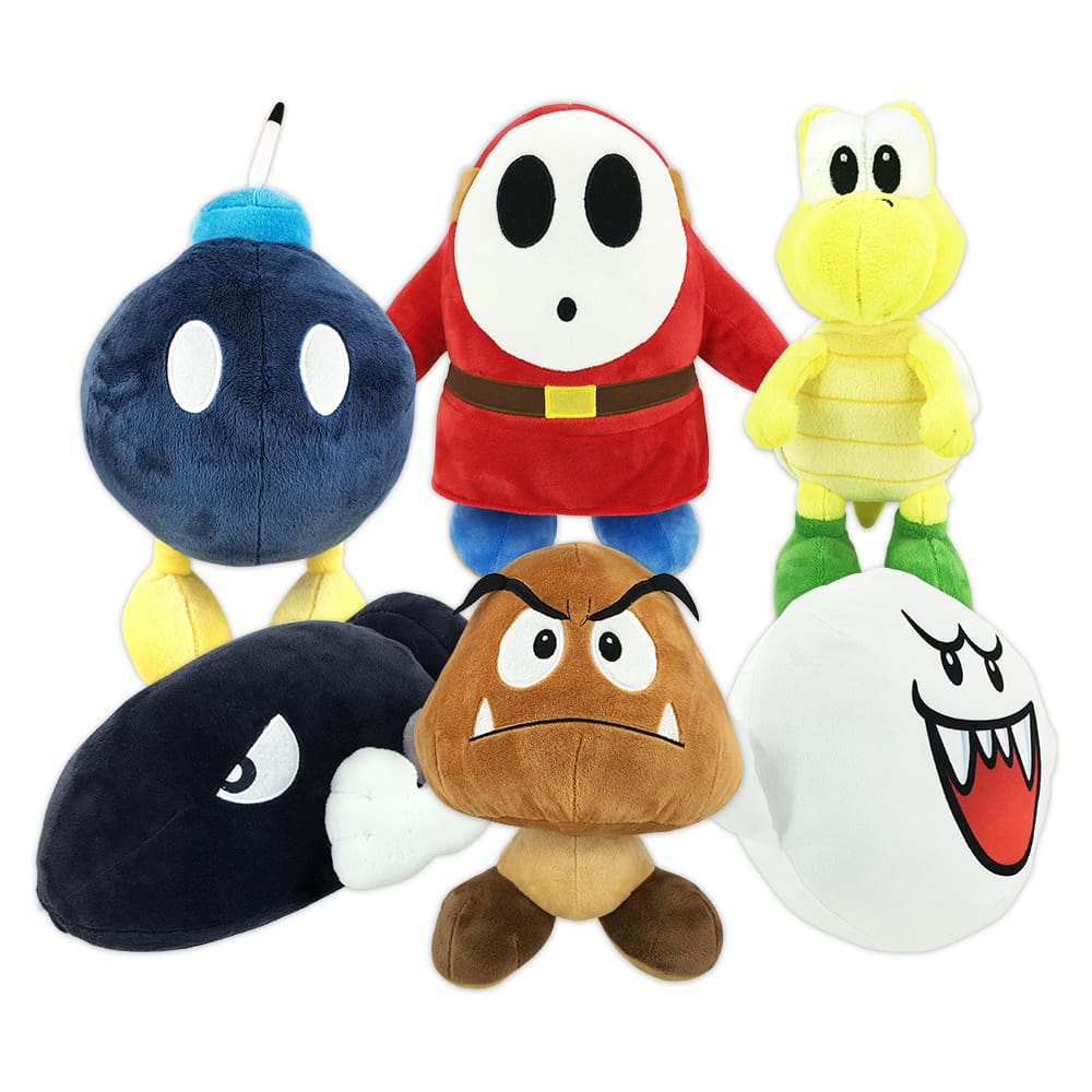 Super Mario Villians in Plush form from the game featuring Goomba, Bob-Omb, Boo, Shy Guy, Koopa Troopa, and Bullet Bill.